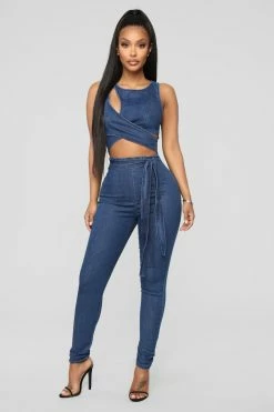 Fashion Nova Cut Out The Haters Denim Jumpsuit - Dark Wash