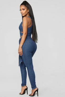 Fashion Nova Cut Out The Haters Denim Jumpsuit - Dark Wash