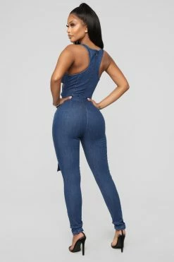 Fashion Nova Cut Out The Haters Denim Jumpsuit - Dark Wash