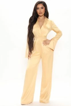 Fashion Nova Wide Leg Jumpsuits Wonderlust Satin Jumpsuit - Gold