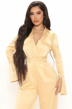 Fashion Nova Wide Leg Jumpsuits Wonderlust Satin Jumpsuit - Gold
