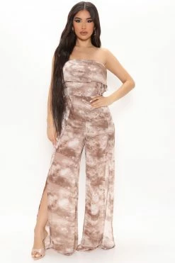 Fashion Nova Wide Leg Jumpsuits Go With The Flow Tie Dye Jumpsuit - Mocha