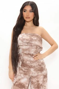 Fashion Nova Wide Leg Jumpsuits Go With The Flow Tie Dye Jumpsuit - Mocha