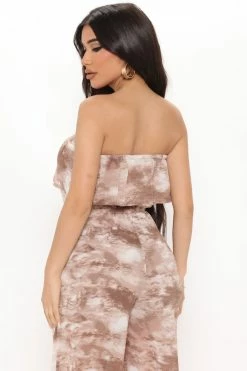 Fashion Nova Wide Leg Jumpsuits Go With The Flow Tie Dye Jumpsuit - Mocha