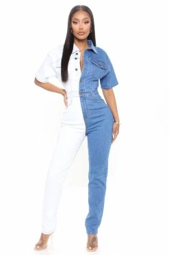 Fashion Nova Skinny Leg Jumpsuits Mixed Feelings Denim Jumpsuit - Denim