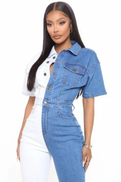 Fashion Nova Skinny Leg Jumpsuits Mixed Feelings Denim Jumpsuit - Denim