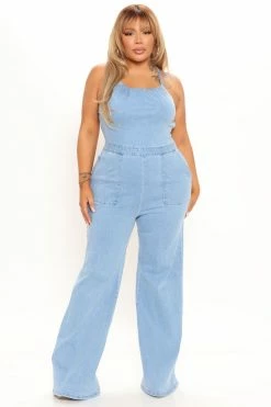 Fashion Nova Jumpsuits Cute Back Story Denim Jumpsuit- Light Blue Wash