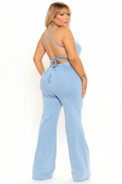 Fashion Nova Jumpsuits Cute Back Story Denim Jumpsuit- Light Blue Wash