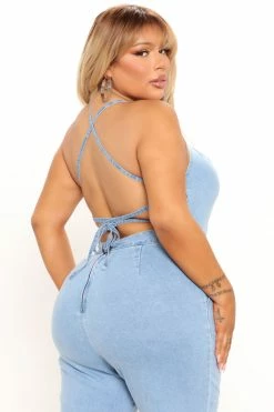 Fashion Nova Jumpsuits Cute Back Story Denim Jumpsuit- Light Blue Wash
