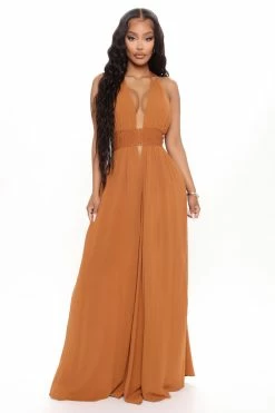 Fashion Nova Jumpsuits Call Me Later Wide Leg Jumpsuit - Rust