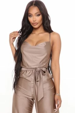 Fashion Nova Jennie Sleeveless Jumpsuit - Mocha Wide Leg Jumpsuits
