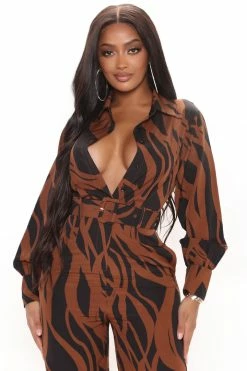 Fashion Nova Feel Good Zebra Jumpsuit - Brown/combo
