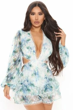 Fashion Nova French Riviera Printed Lace Romper - Green/combo