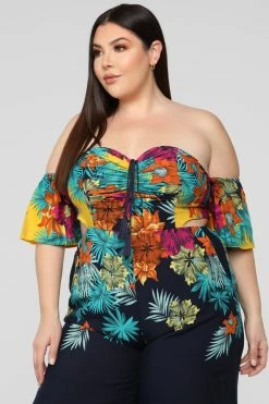 Fashion Nova Mia Tropical Jumpsuit - Navy