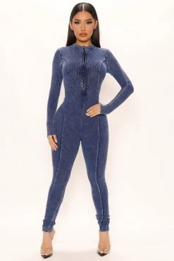 Fashion Nova Jumpsuits Perfect Vibe Ribbed Jumpsuit - Blue