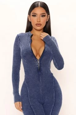 Fashion Nova Jumpsuits Perfect Vibe Ribbed Jumpsuit - Blue