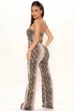 Fashion Nova Wide Leg Jumpsuits Better Without You Snake Skin Jumpsuit - Olive