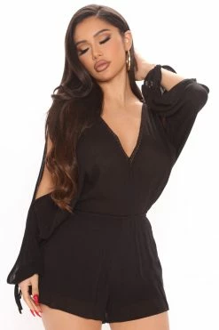 Fashion Nova Skyler Cold Shoulder Romper - Black Rompers