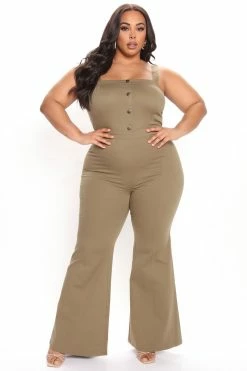 Fashion Nova Deliah Denim Jumpsuit - Olive Wide Leg Jumpsuits