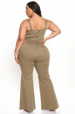 Fashion Nova Deliah Denim Jumpsuit - Olive Wide Leg Jumpsuits