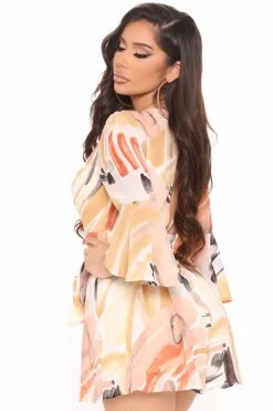 Fashion Nova Stay Beautiful Flowy Romper - Rust/combo Rompers