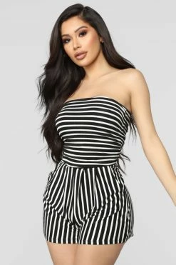 Fashion Nova Rompers Anchors Up Striped Romper - Black/White