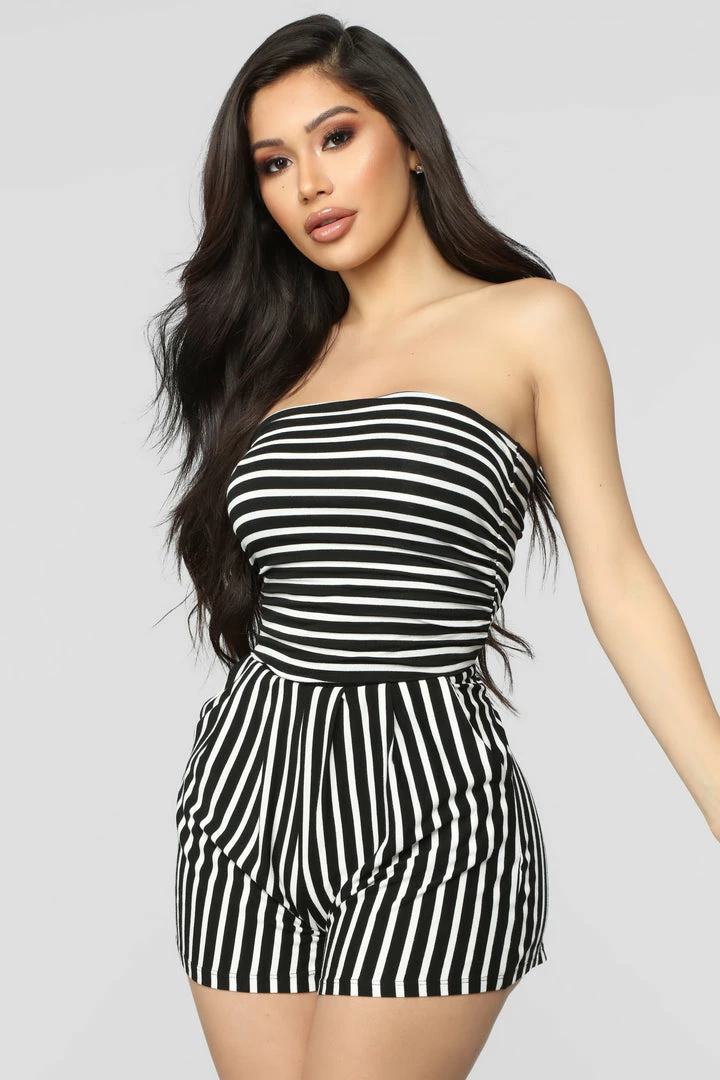 Fashion Nova Rompers Anchors Up Striped Romper - Black/White