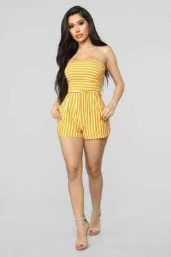 Fashion Nova Rompers Anchors Up Striped Romper - Mustard/White