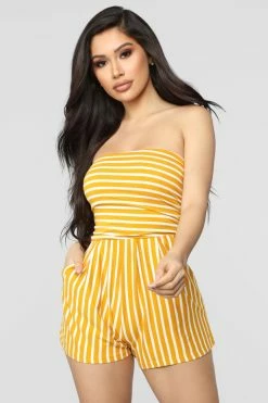 Fashion Nova Rompers Anchors Up Striped Romper - Mustard/White