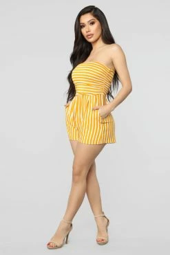 Fashion Nova Rompers Anchors Up Striped Romper - Mustard/White