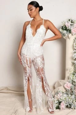 Fashion Nova Down The Aisle Jumpsuit - White Wide Leg Jumpsuits