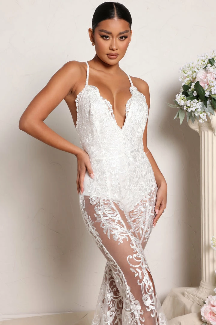 Fashion Nova Down The Aisle Jumpsuit - White Wide Leg Jumpsuits