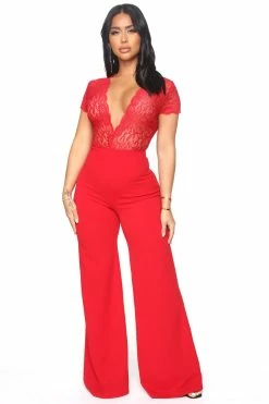 Fashion Nova Jumpsuits Lovely Lace Jumpsuit - Red