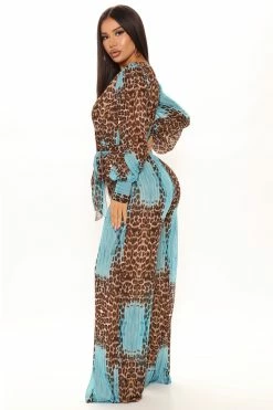 Fashion Nova Kacey Long Sleeve Jumpsuit - Aqua/Combo Jumpsuits