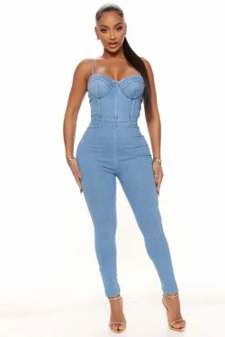 Fashion Nova Jumpsuits Little Sweetheart Denim Jumpsuit - Medium Wash