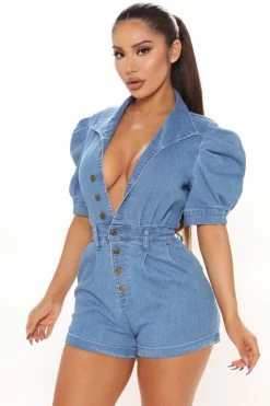 Fashion Nova Not Your Girl Denim Romper - Medium Wash Rompers
