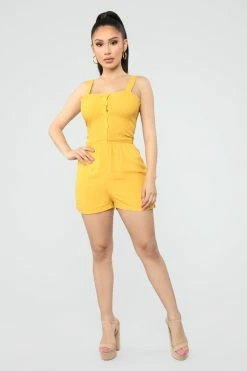Fashion Nova Shelley Smocked Romper - Mustard Rompers