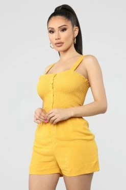 Fashion Nova Shelley Smocked Romper - Mustard Rompers