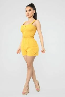 Fashion Nova Shelley Smocked Romper - Mustard Rompers
