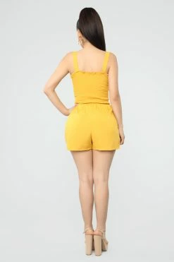 Fashion Nova Shelley Smocked Romper - Mustard Rompers