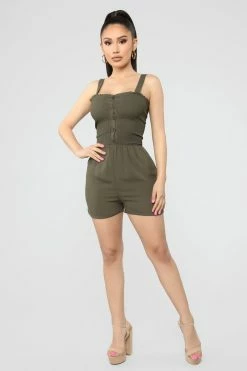 Fashion Nova Shelley Smocked Romper - Olive Rompers