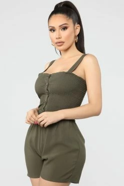 Fashion Nova Shelley Smocked Romper - Olive Rompers