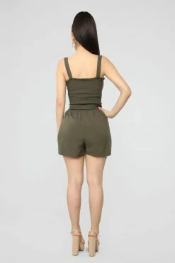 Fashion Nova Shelley Smocked Romper - Olive Rompers
