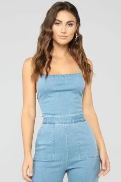 Fashion Nova Jumpsuits Cute Back Story Denim Jumpsuit- Light Blue Wash