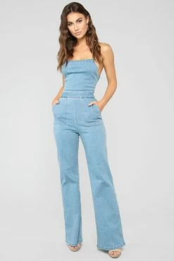 Fashion Nova Jumpsuits Cute Back Story Denim Jumpsuit- Light Blue Wash