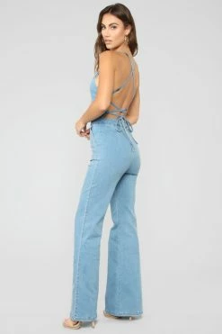 Fashion Nova Jumpsuits Cute Back Story Denim Jumpsuit- Light Blue Wash