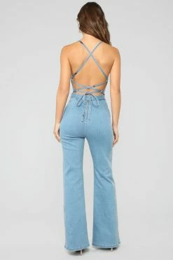 Fashion Nova Jumpsuits Cute Back Story Denim Jumpsuit- Light Blue Wash