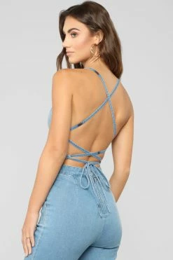 Fashion Nova Jumpsuits Cute Back Story Denim Jumpsuit- Light Blue Wash