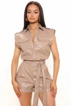 Fashion Nova Francesca Faux Leather Romper - Mocha