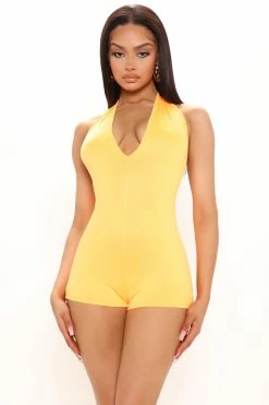 Fashion Nova Haylee Booty Short Romper - Neon Orange